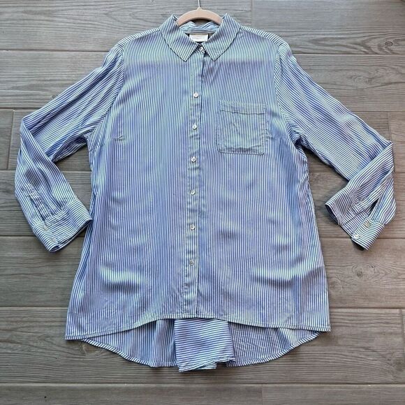 Chico's Tops - Chicos Womens Blue White High Low Striped Button Front Long Sleeve Blouse Size 2
